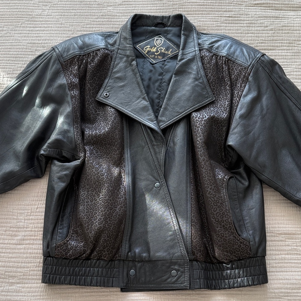 Gold Shield - Black Leather Jacket Leopard Print